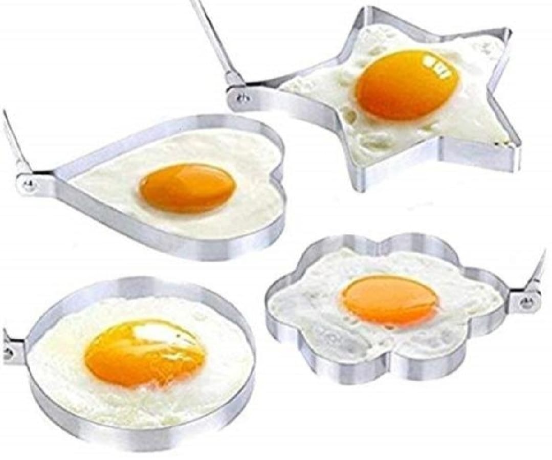 4PCs Stainless Steel Egg Ring Mold Set – Fun Shaped Fried Egg & Pancake Moulds (Star, Heart, Flower, Circle) for Creative Cooking