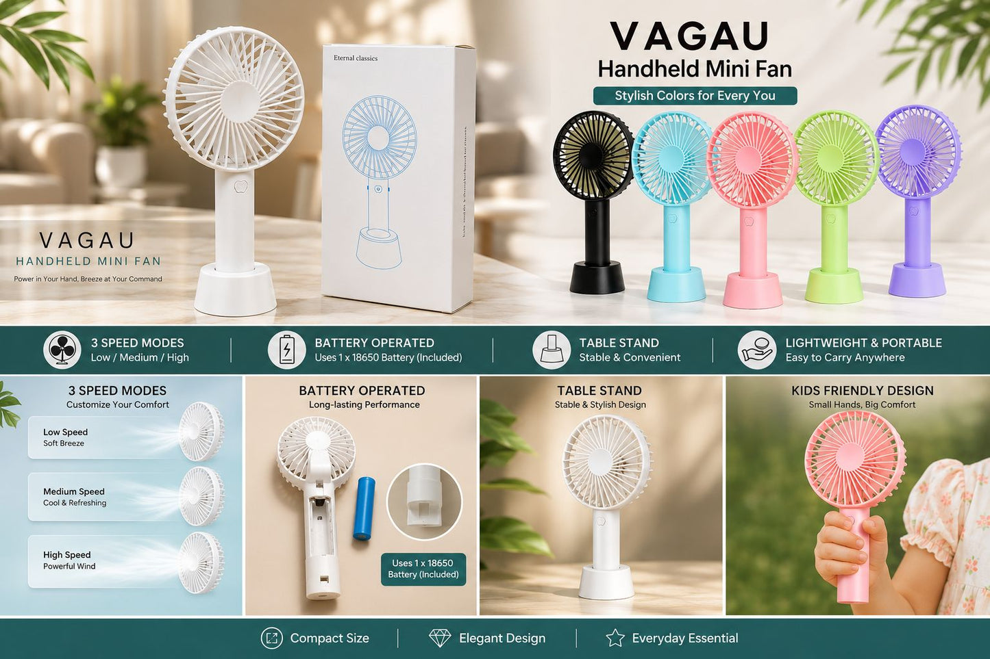 Hand Fan with stand with battery