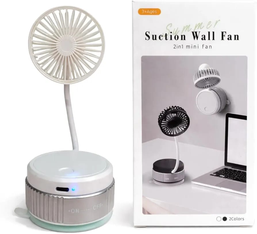 Mini Wall Mount Flexible Neck Fan, Portable Desk Fan, 360° Adjustable Neck, Type-C Charging, White& black Use any where