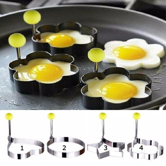 4PCs Stainless Steel Egg Ring Mold Set – Fun Shaped Fried Egg & Pancake Moulds (Star, Heart, Flower, Circle) for Creative Cooking