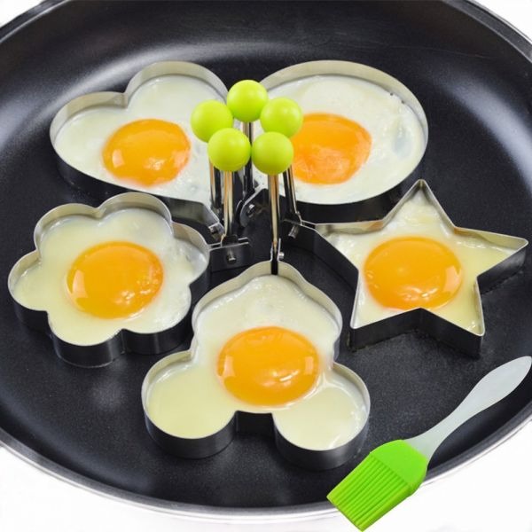 4PCs Stainless Steel Egg Ring Mold Set – Fun Shaped Fried Egg & Pancake Moulds (Star, Heart, Flower, Circle) for Creative Cooking