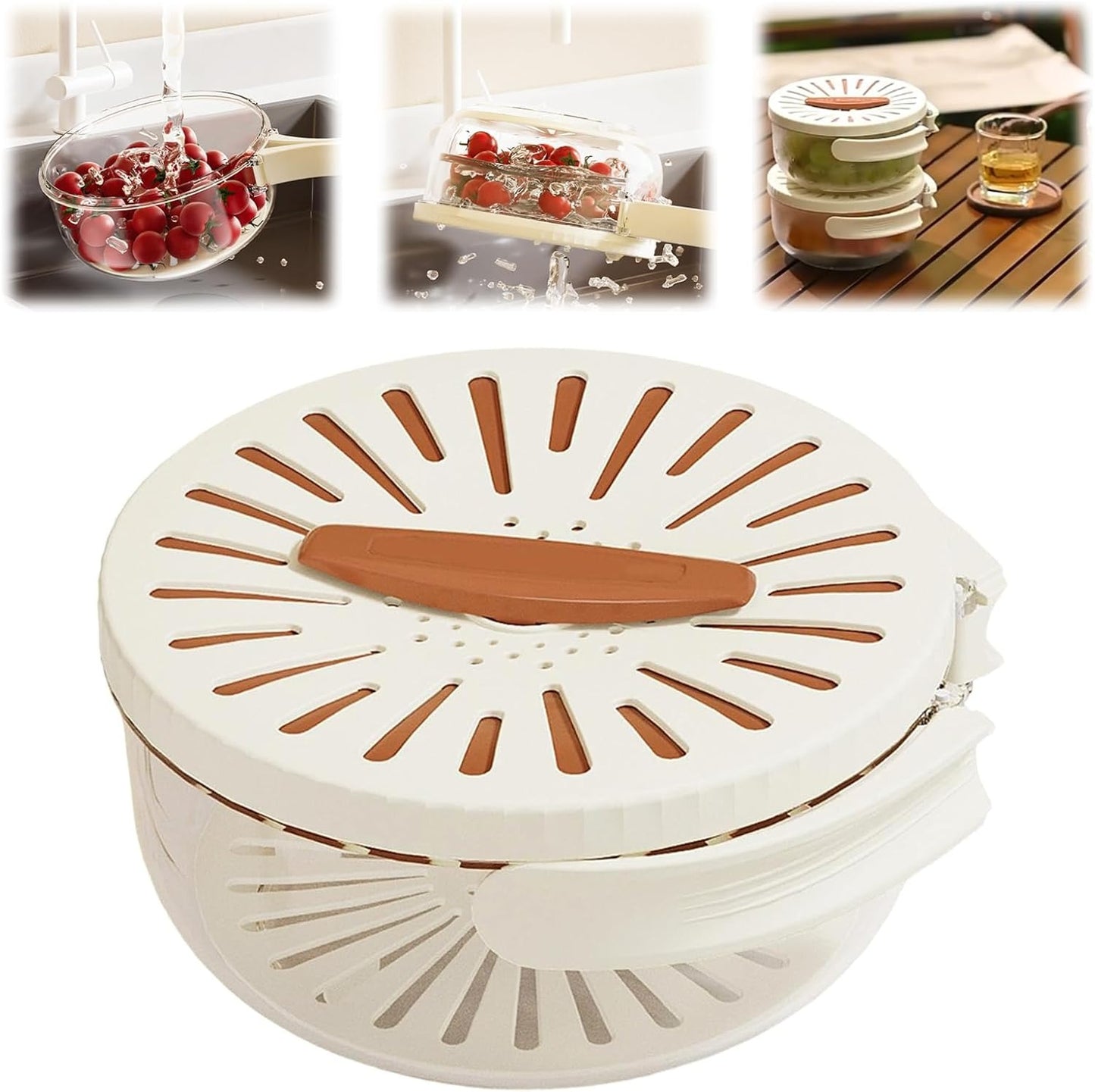 Kitchen Fruit Drainage Basket with Lid – Multi functional Dual-Layer Bowl for Washing, Draining & Storing Fruits and Vegetables, Foldable Handle Design, White