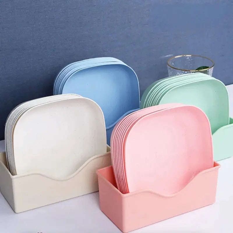 Plate Set Pack of 10 – Plastic Split Bone Dish Plates with Holder | Durable Serving Plates (Random Colors)