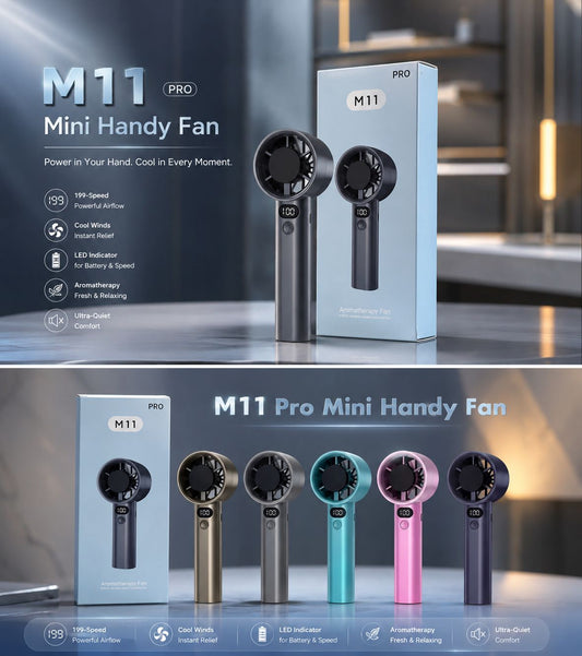 M11 Pro USB Rechargeable Portable Mini Fan with Digital Display High-Speed & Battery Percentage With Speed Upto 199 Best Quality With Cable & Landyard (Box Pack) Random Colours