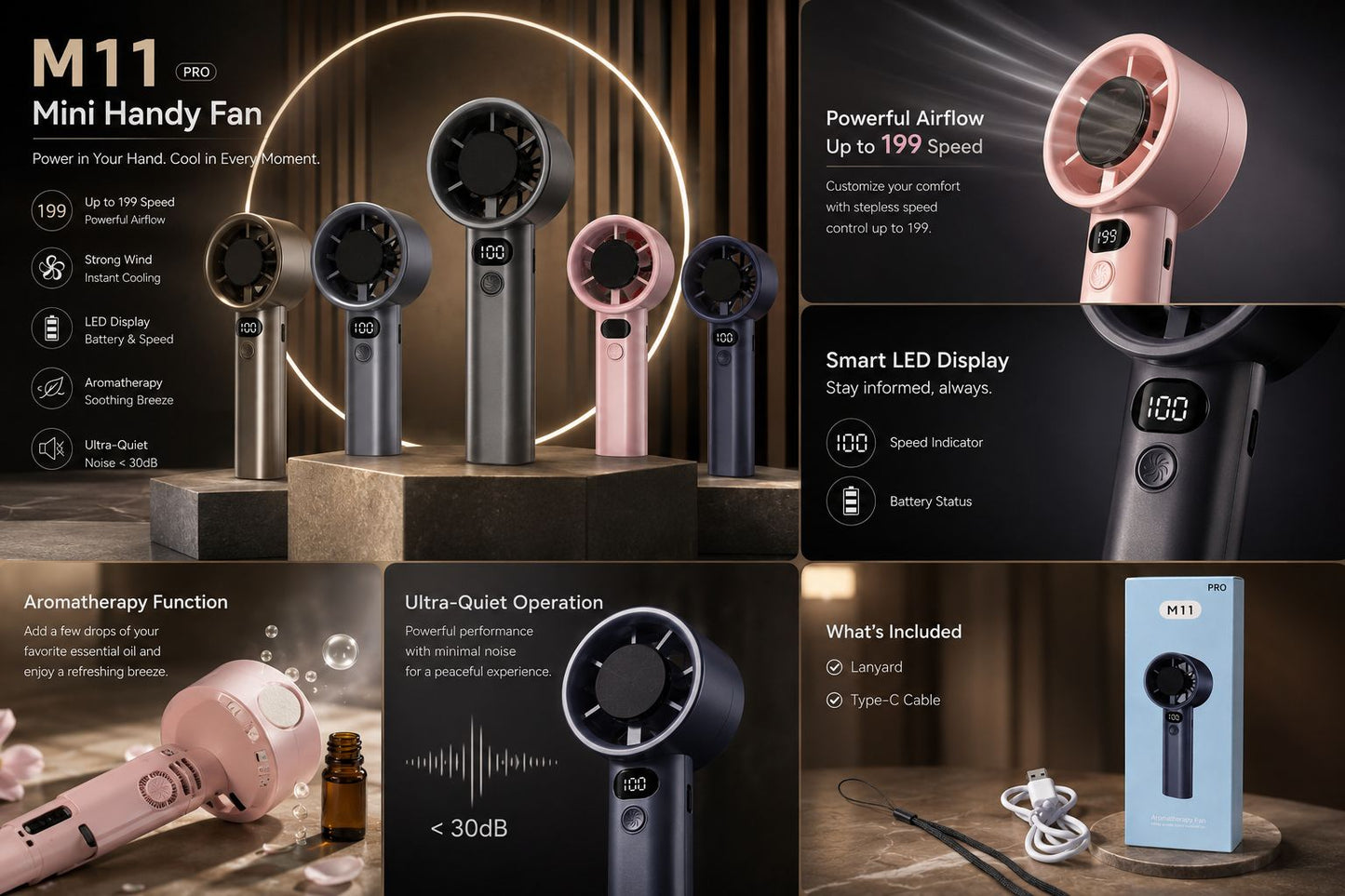 M11 Pro USB Rechargeable Portable Mini Fan with Digital Display High-Speed & Battery Percentage With Speed Upto 199 Best Quality With Cable & Landyard (Box Pack) Random Colours
