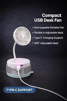 Mini Wall Mount Flexible Neck Fan, Portable Desk Fan, 360° Adjustable Neck, Type-C Charging, White& black  Use any where