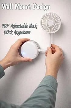 Mini Wall Mount Flexible Neck Fan, Portable Desk Fan, 360° Adjustable Neck, Type-C Charging, White& black  Use any where